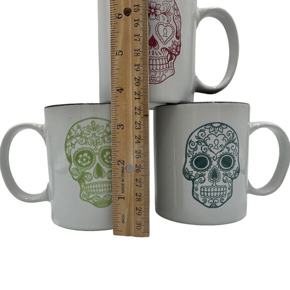Sugar Skull Day of the Dead Mugs Set of 3, 8 oz Pink Lime Teal - Picture 4 of 6